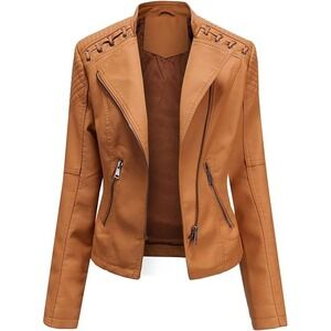 DJT Womens Brown Faux Leather Moto Jacket Stud Detail Asymmetrical Zip Size XXL